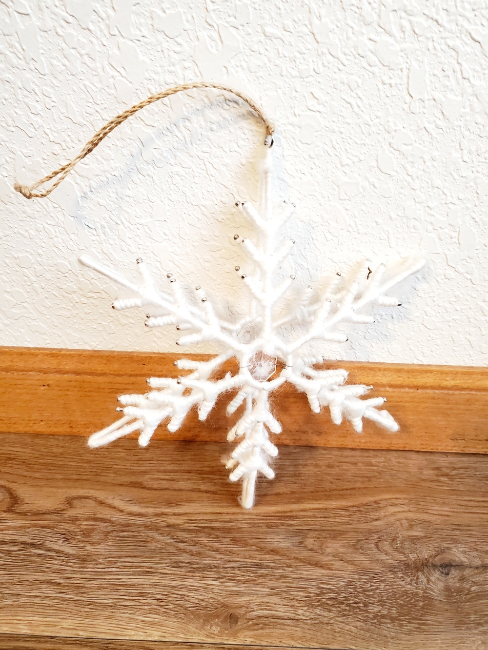 White Yarn Snowflake Holiday Ornament - Decorative Hanging Accent